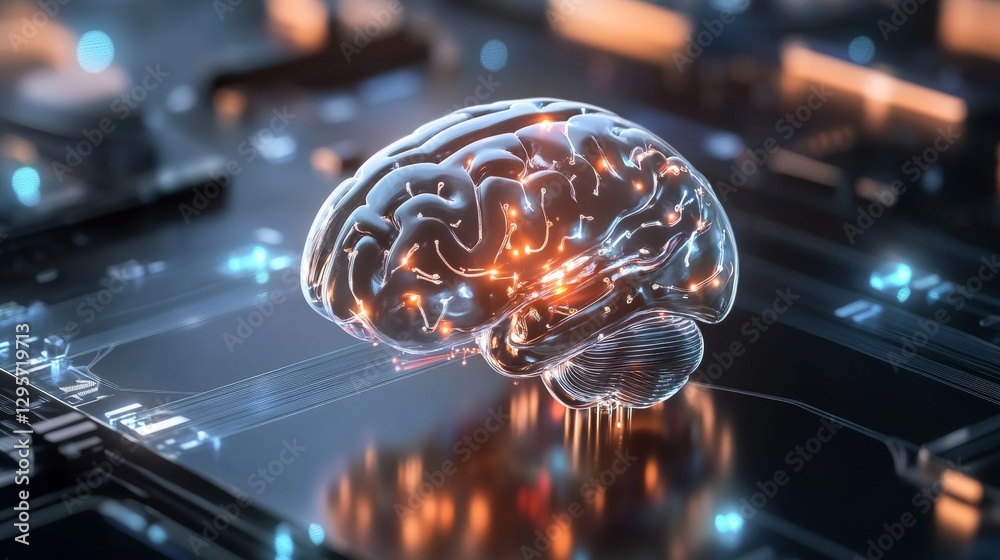 Poster exploring the intersection of artificial intelligence and human cognition in a futuristic digital en