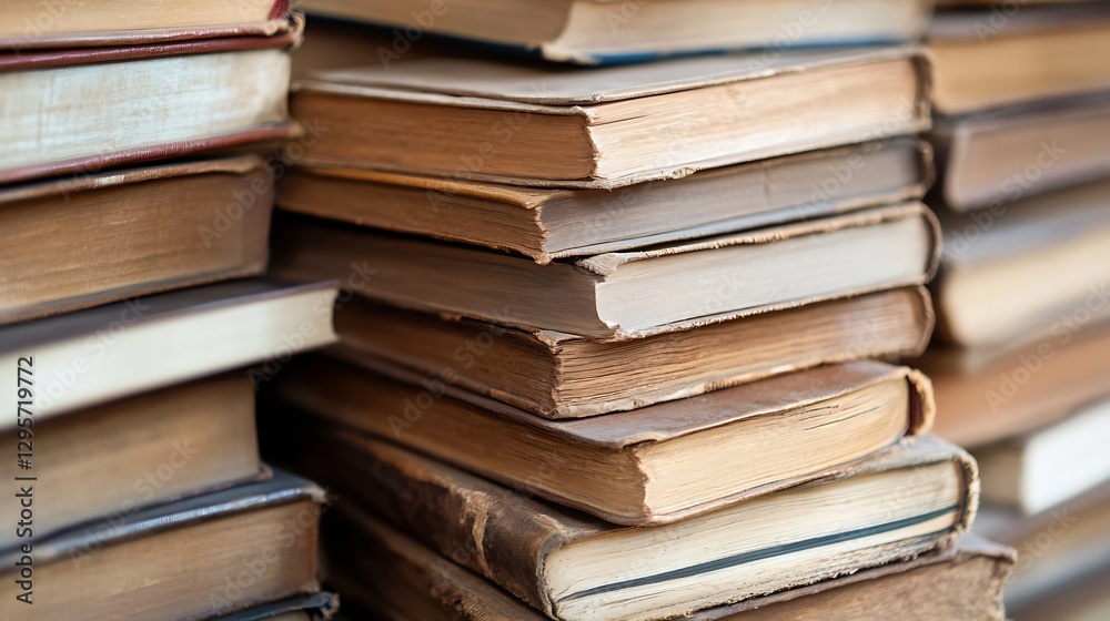 Poster stack of vintage books showcasing aged covers and varied spine designs in a cozy setting : generativ