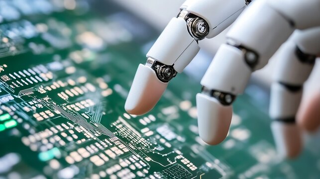 Futuristic robotic hand interacting with a digital circuit board showcasing innovation : Generative AI - Powered by Adobe
