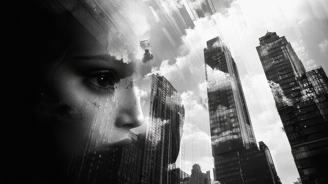 Pensieve Woman Overlaid with Cityscape in Black and White