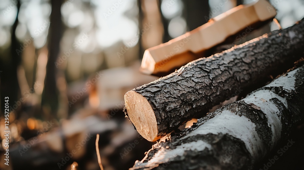Poster Stack of Logs with Natural Bark Texture in a Sunlit Forest Setting Capturing Tranquil Atmosphere : Generative AI