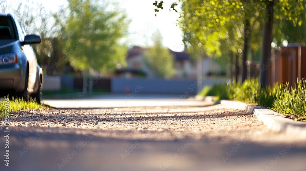 Poster scenic view down a quiet street lined with green trees and a speckled gravel path : generative ai