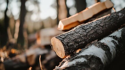 Stack of Logs with Natural Bark Texture in a Sunlit Forest Setting Capturing Tranquil Atmosphere : Generative AI