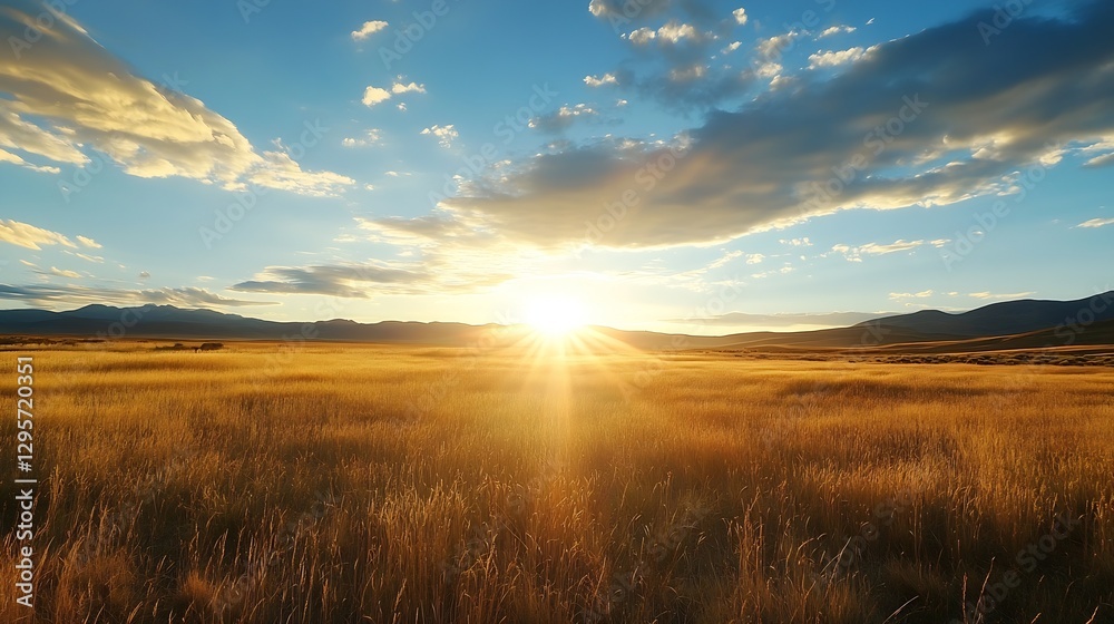 Poster golden fields stretching to the horizon under a dramatic sky illuminated by the warm glow of the set