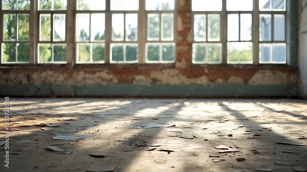 Poster Sunlight Streaming Through Dusty Windows in Abandoned Building Creating a Nostalgic Atmosphere : Generative AI