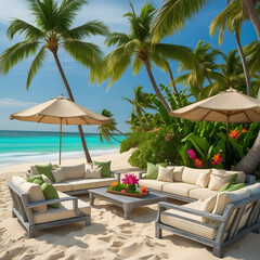 Fototapeta premium lounge chairs and umbrellas on the beach