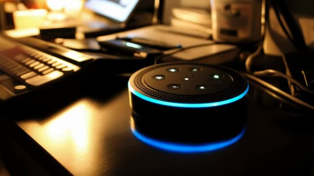 Amazon Echo Dot Smart Speaker on Desk at Night