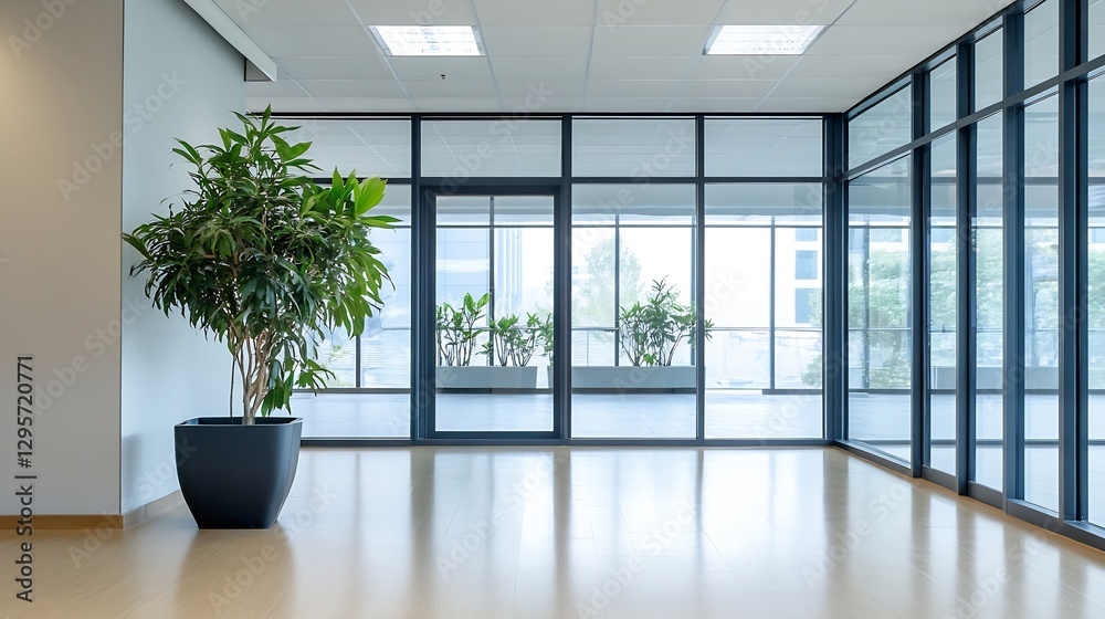 Poster Bright indoor space featuring large windows greenery and inviting atmosphere for productivity : Generative AI