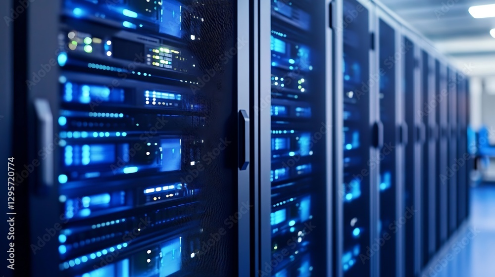 Leinwandbilder futuristic server racks with blue illuminated lights in a modern data center : generative ai