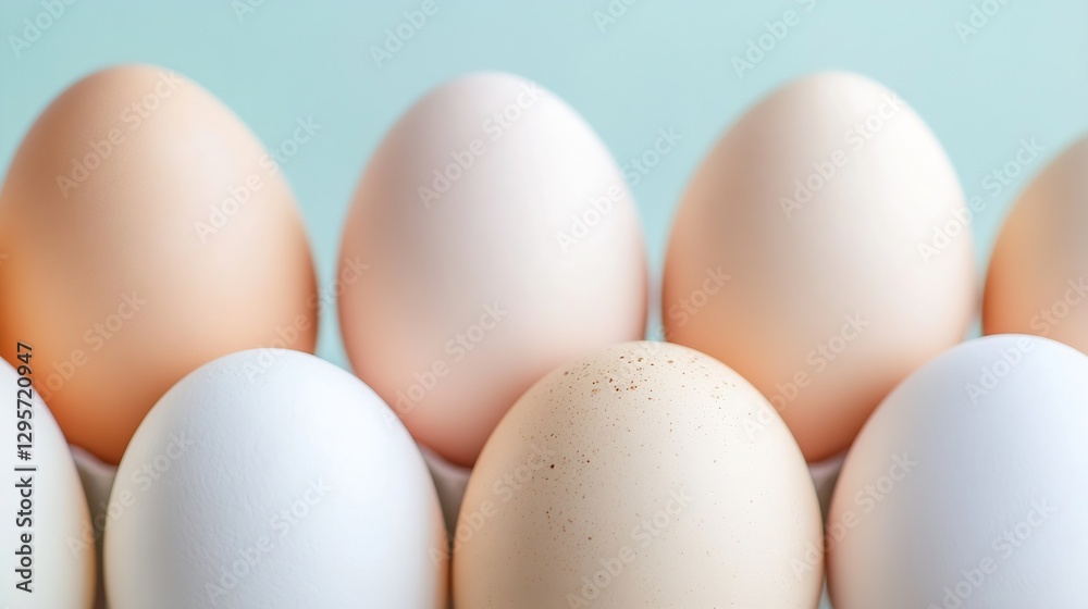 Aufkleber assorted fresh eggs in various shades arranged neatly on a light blue background : generative ai