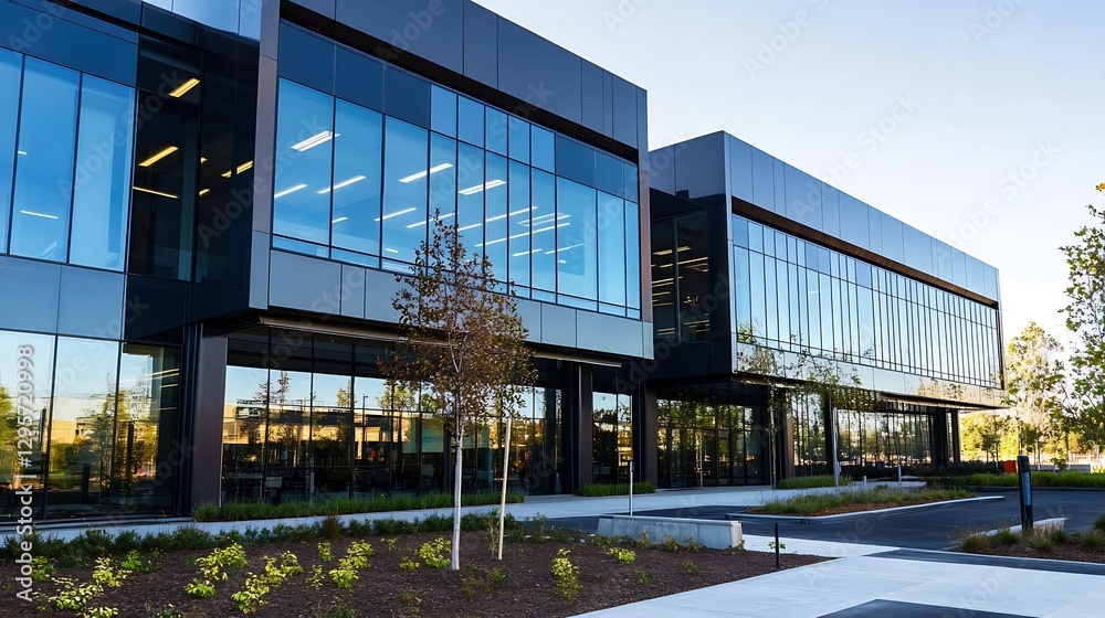 Poster sleek and modern office building with large glass windows and vibrant landscape in the foreground : 