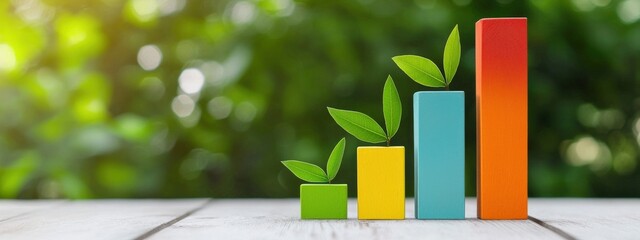 Vibrant growth chart with colorful blocks and fresh green leaves symbolizes progress and sustainability in business and environmental contexts.