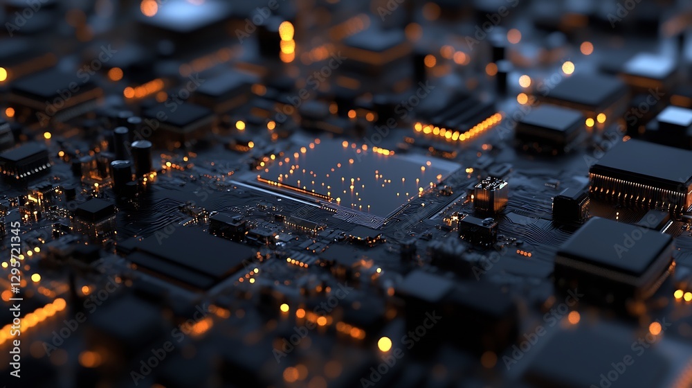 Poster Futuristic Close Up of Circuit Board with Glowing Components for Technology and Innovation Background : Generative AI