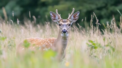 Majestic Deer in Tall Grasses Staring Curiously into the Camera with Forest Background : Generative AI