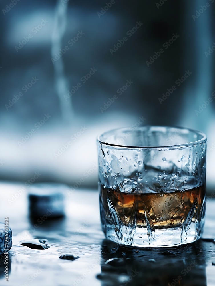Aufkleber chilled glass of whiskey with condensation on surface surrounded by ice and water droplets : generat