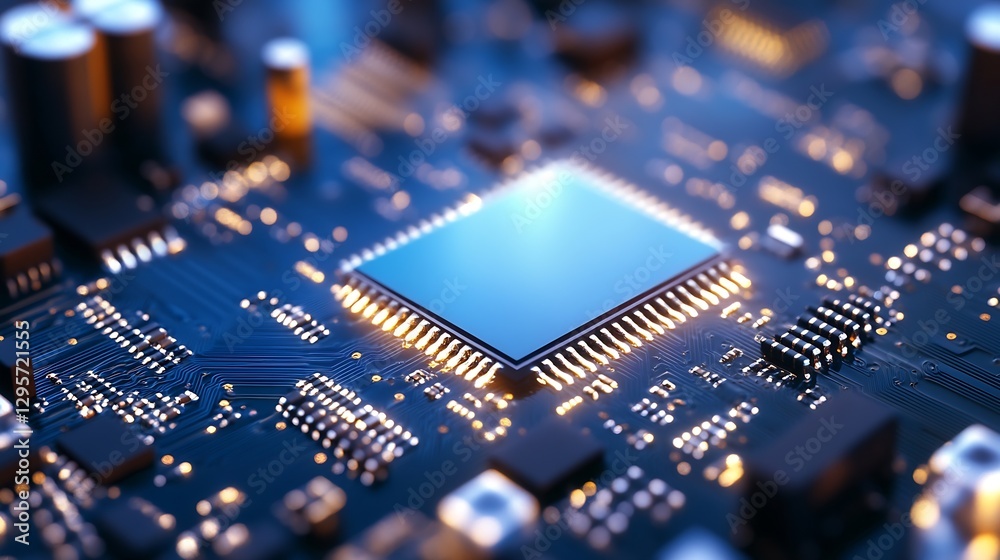 Aufkleber Detailed View of Modern Microprocessor on Circuit Board with Bright Lighting : Generative AI