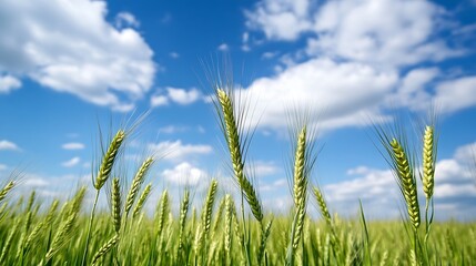 Obraz premium Golden green wheat field waving gently under a blue sky with fluffy white clouds above : Generative AI