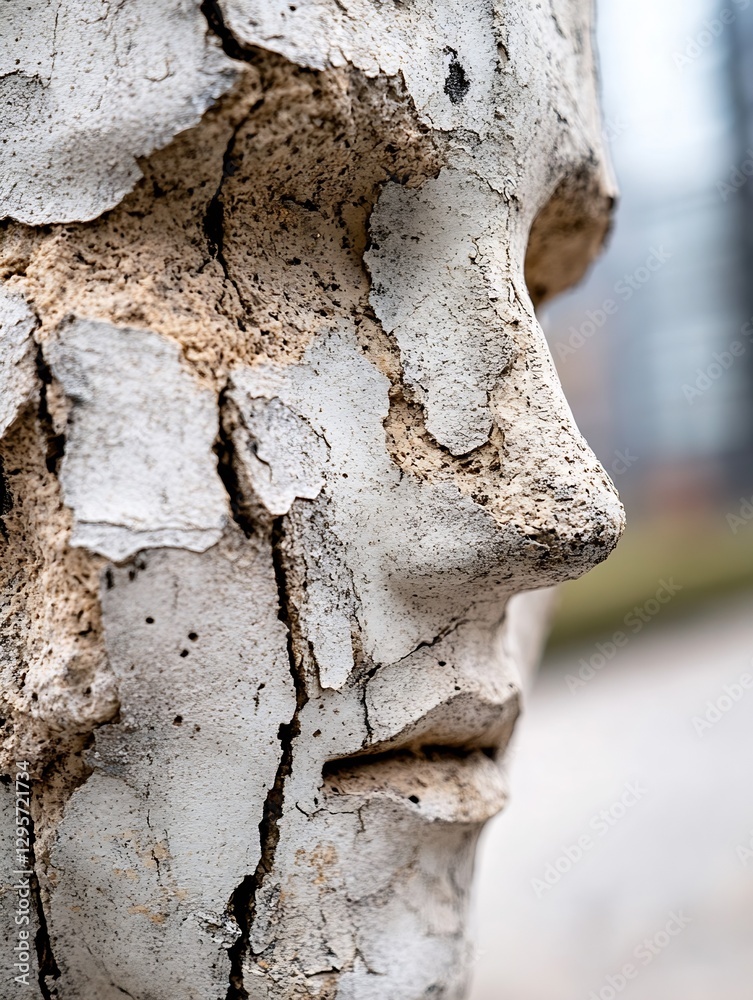 Poster closeup of a weathered sculpture's face showcasing intricate textures of cracked and peeling materia