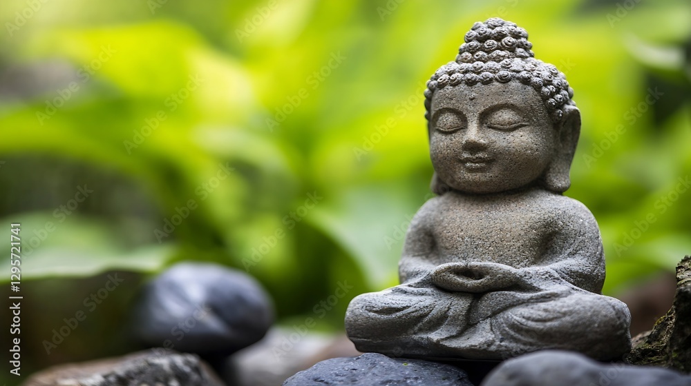Poster calming buddha statue surrounded by rocks and lush green plants creating peaceful atmosphere : gener