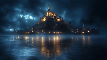 Obraz premium A hyper-realistic night scene of Mont Saint-Michel, its spires glowing majestically above a mysterious, softly glowing mist, and the water reflecting the lights in a tranquil and magical setting.