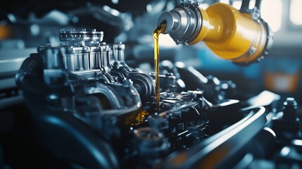 Automated oil dispensing process manufacturing facility industrial technology engine maintenance close-up view efficiency and precision in action