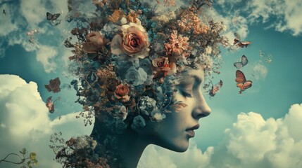 Serene Woman Profile with Floral Headpiece and Butterflies Against Blue Sky