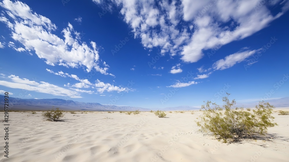 Poster expansive desert landscape under a blue sky with wispy clouds and sparse vegetation : generative ai
