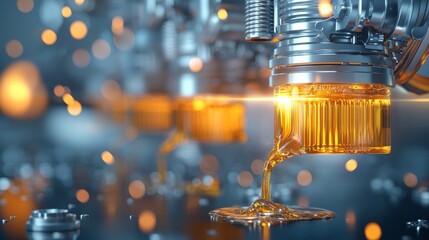 Industrial machinery producing golden liquid factory floor high-quality image technological environment close-up view innovation in manufacturing