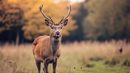 Fototapeta premium Majestic Deer Standing Gracefully in a Serene Meadow Surrounded by Autumn Colors : Generative AI