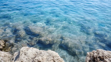 Crystal clear turquoise water gently rippling over rocky seabed in a tranquil ocean : Generative AI