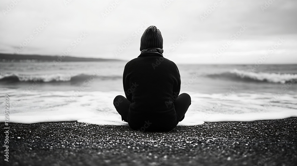 Poster contemplative figure sitting on shoreline watching waves : generative ai
