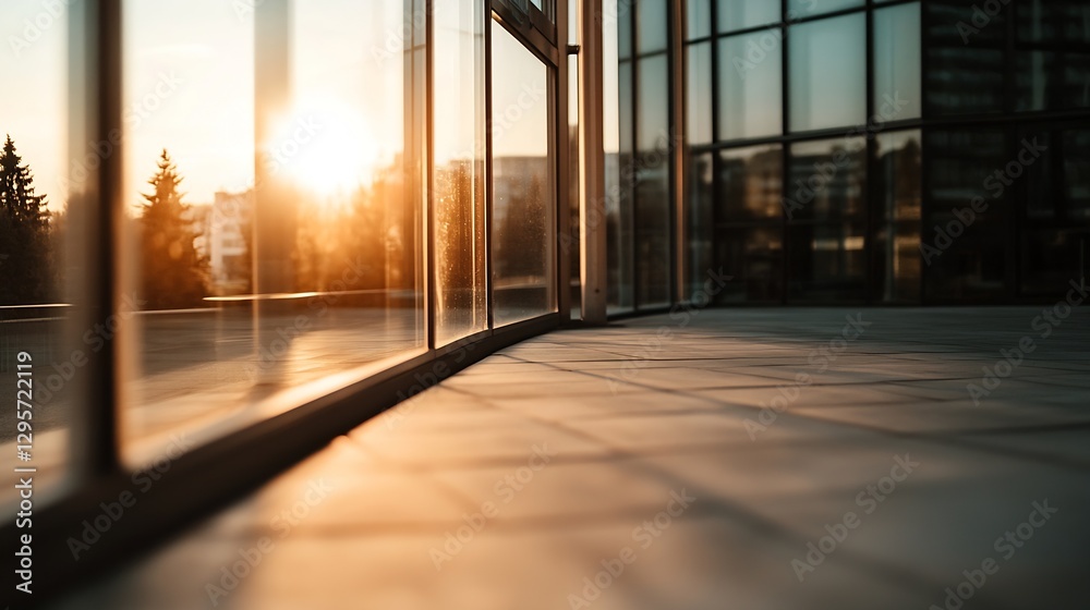 Poster Sunlight streaming through modern glass buildings creating reflections on tiled floor : Generative AI