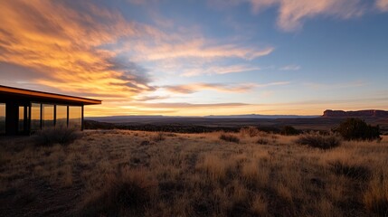 Stunning sunset view over a desert landscape with a modern house silhouetted against vibrant clouds : Generative AI