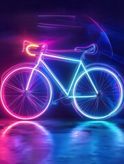Fototapeta premium Neon Bike Ride: A luminous bicycle glows brightly against a dark backdrop, reflecting in the wet pavement, capturing the vibrant energy and sleek lines of the bike.