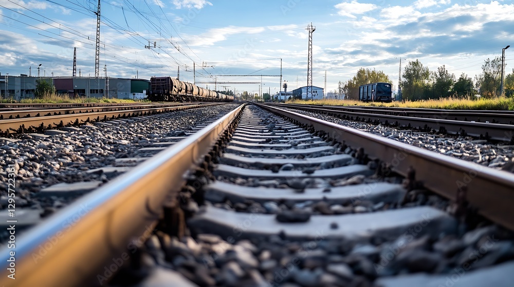 Poster Perspective View of Tranquil Railway Tracks Under Bright Sky with Clouds : Generative AI