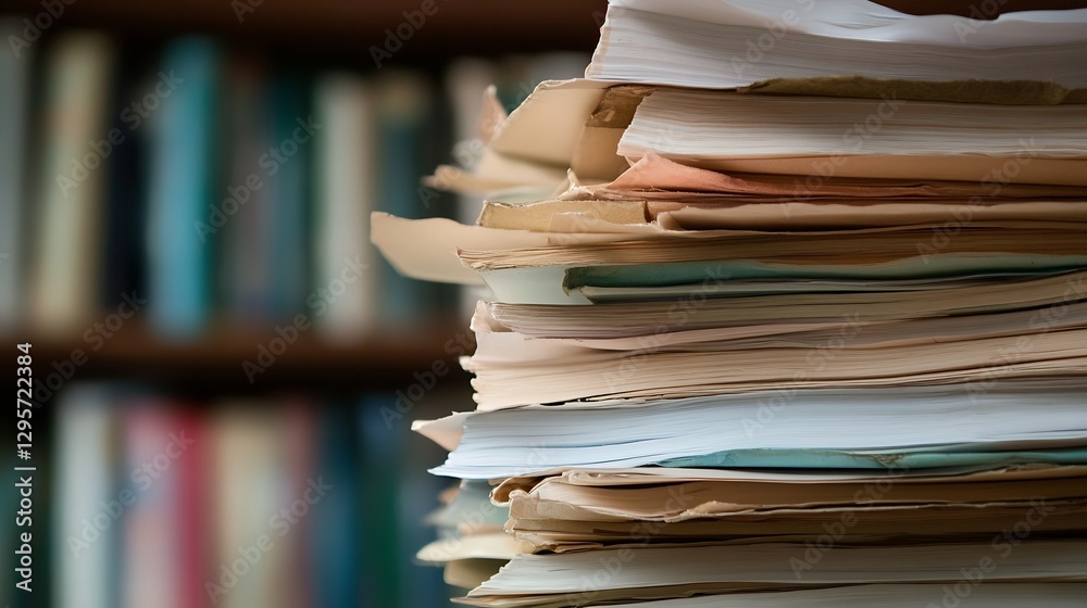 Poster Closeup view of a stack of paper documents in an organized yet chaotic manner : Generative AI
