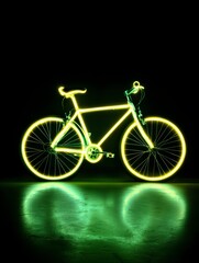 Fototapeta premium Neon Bicycle Silhouette: A luminous neon bicycle, outlined in vibrant green, casts a mesmerizing reflection on a glossy surface, creating a dynamic contrast against the dark background.
