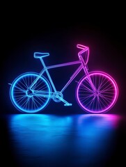 Fototapeta premium Neon Bicycle on Reflective Surface: A captivating neon bicycle silhouette glows vibrantly against a dark, reflective surface. The image evokes a sense of modernity and technological advancement.
