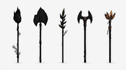 Five stylized weapons featuring blades and decorative natural elements