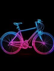 Fototapeta premium Neon Bicycle on Black: A sleek bicycle, illuminated with vibrant neon lights in a stunning display of colors against a dark background.