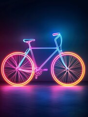 Fototapeta premium Neon Bike: a modern neon bicycle glows vividly against a dark backdrop, exuding energy and artistic flair, perfect for designs related to transportation, sport, and contemporary art.