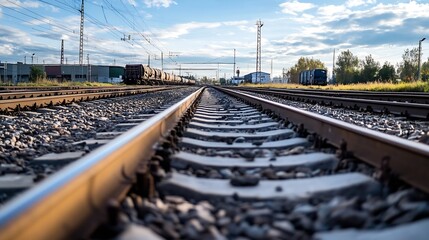 Perspective View of Tranquil Railway Tracks Under Bright Sky with Clouds : Generative AI
