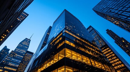 Naklejka premium Stunning skyscrapers at twilight with modern architecture and vibrant city lights : Generative AI