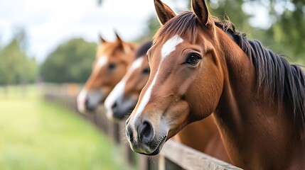 Obraz premium Three horses standing together in a lush green pasture framed by rustic fencing : Generative AI