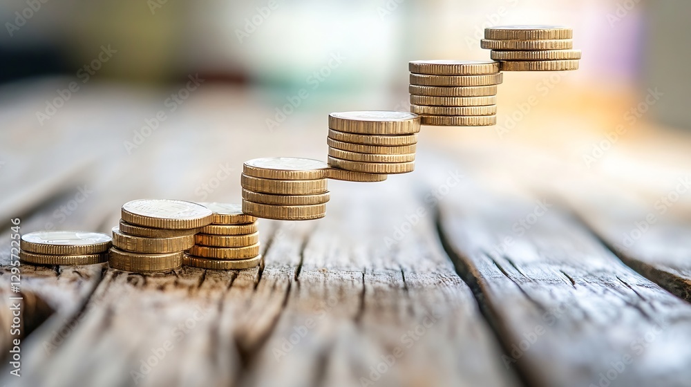 Aufkleber Stack of Coins Forming a Ascending Stairs on Wooden Table Surface : Generative AI
