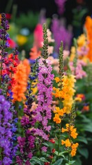 Fototapeta premium A garden showcases an array of blooming salvias in rich hues. The delicate petals create a lively spectacle, inviting visitors to enjoy nature's beauty during springtime