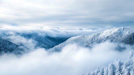 Stunning Snow-Capped Mountains and Soothing Clouds Over a Winter Landscape : Generative AI