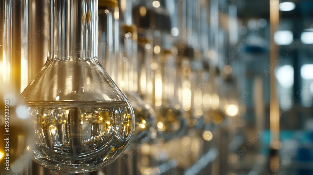 Poster close up view of laboratory glassware in a well lit chemistry environment : generative ai