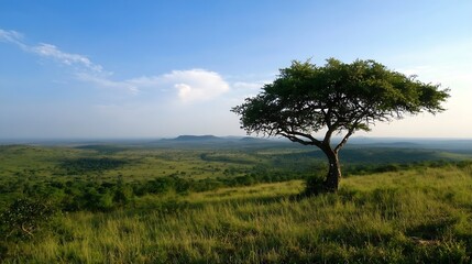 Fototapeta premium Lone Tree on Hilltop Surrounded by Expansive Green Landscape : Generative AI