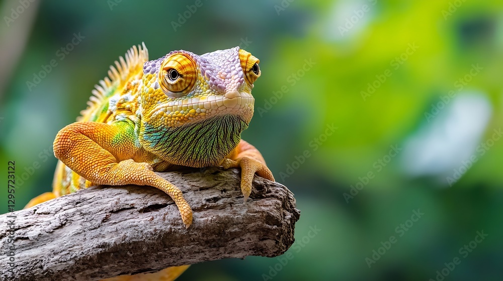 Poster A CloseUp Portrait of a Colorful Lizard Relaxing on a Branch : Generative AI